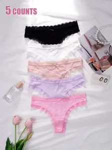 Sweet Lace Patchwork Thong Set, Elegant Design Soft Comfortable Fabric, 4-5 Pieces Fitted Underwear Sets for All Seasons, Casual Style, Casual Soft Panty