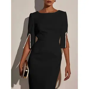 Solid Color Imitation Pearl Classic Boat Neck Fitted Dress with a Back Zipper, Mid-Length, And Elegant Split Sleeves.