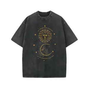 Men's Vintage Washed Sun & Star Graphic T-Shirt, Casual Crew Neck Retro Tee, Perfect for Spring Summer Streetwear, Outdoor Activities & Holiday Gift Giving