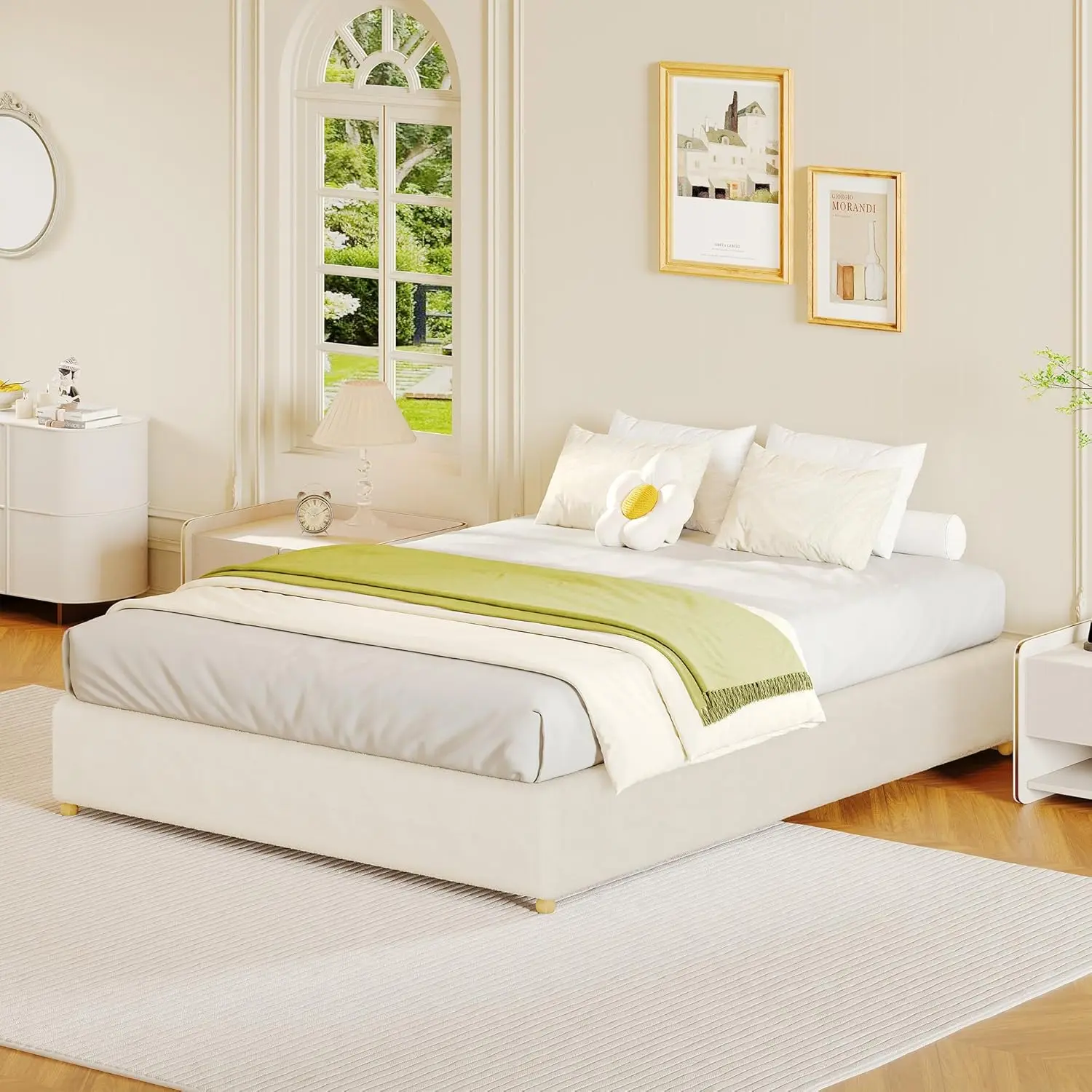 GAOMON Full Size Cloud Bed Frame，Teddy Fleece Low Bed Frame Without Headboard, Thick Fabric Upholstered Platform Bed, Solid Wood Legs, No Box Spring Needed, Never Squeak, Easy Assembly, Cream Bedroom Furniture
