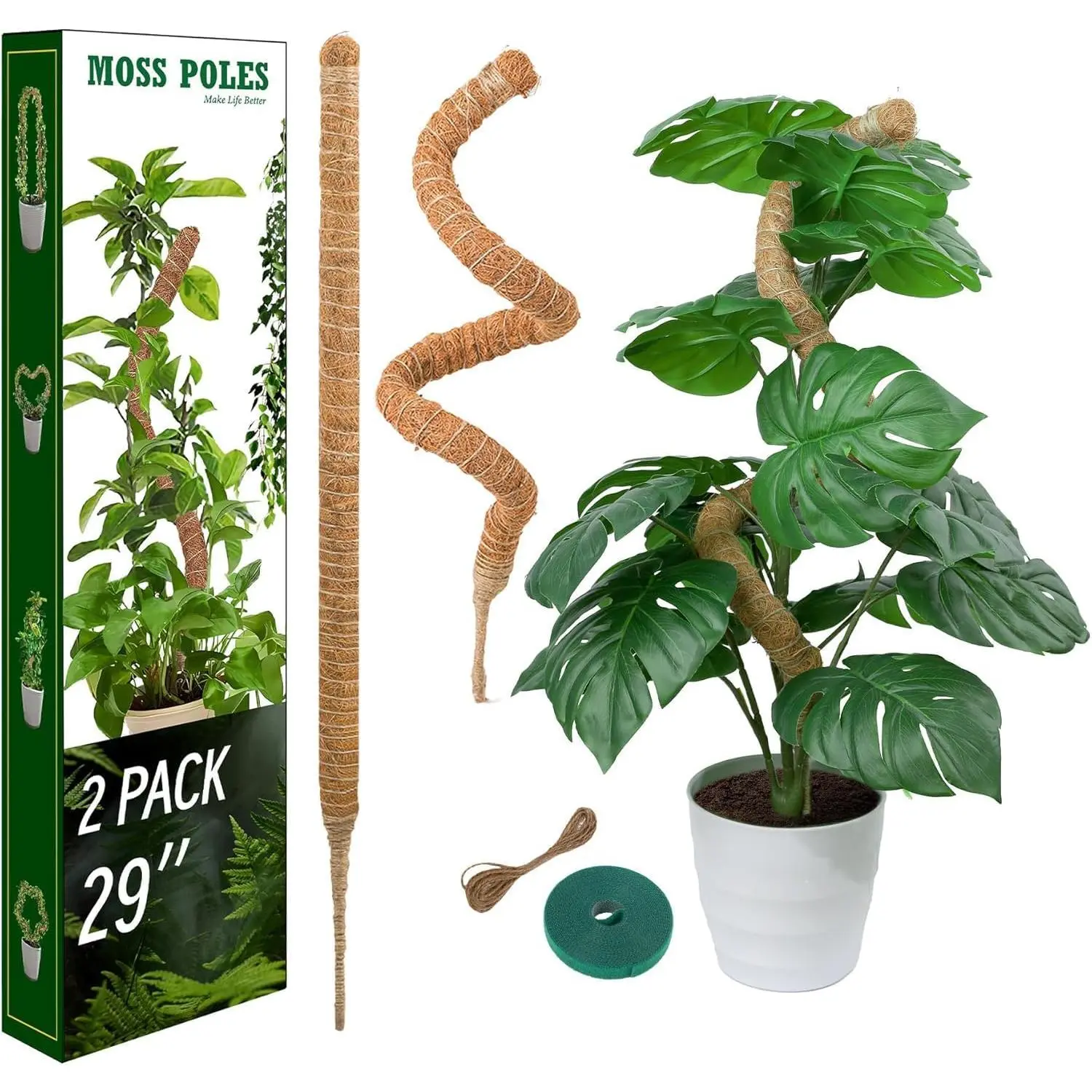 2 Pack Moss Pole for Monstera, Bendable 29" Coco Coir  Support with Rustproof  Core,  Support Stakes for Climbing Indoor , Pothos, Philodendron