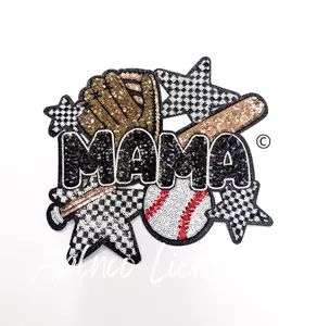 Baseball Mama Checkered Star Sequins Patch - Large