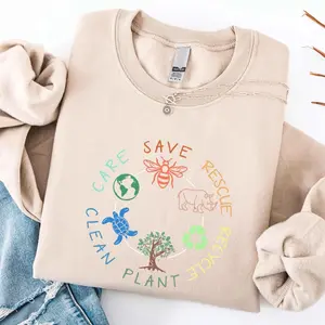 Save, Rescue, Care, Clean Sweatshirt - Wildlife Conservation Sweater, Earth Day, Bee, Rhino, Turtle Nature Lover - Environmental Awareness Top - Gift For Mom