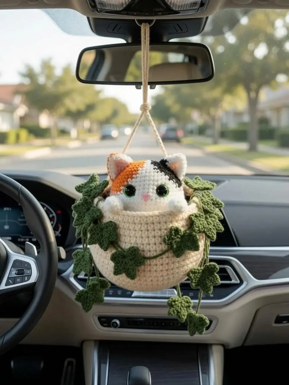 Cat Car Hanging Crochet, Calico Cat Crochet, Crochet Plant Cat Decor, Handmade Cat Lover Gift, Cute Car Accessory
