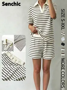 Women's Casual Striped Sweatshirt & Shorts Set, Womenswear, Loose Fit Long Sleeve Top, Patchwork Design, All Seasons Fashion Outfit Matching