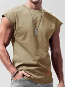 Men's Fashion Sleeveless Cotton Short Sleeve T-Shirt, Wide Shoulder Casual Tee, Leather Label, Comfortable and Stylish Summer Wear