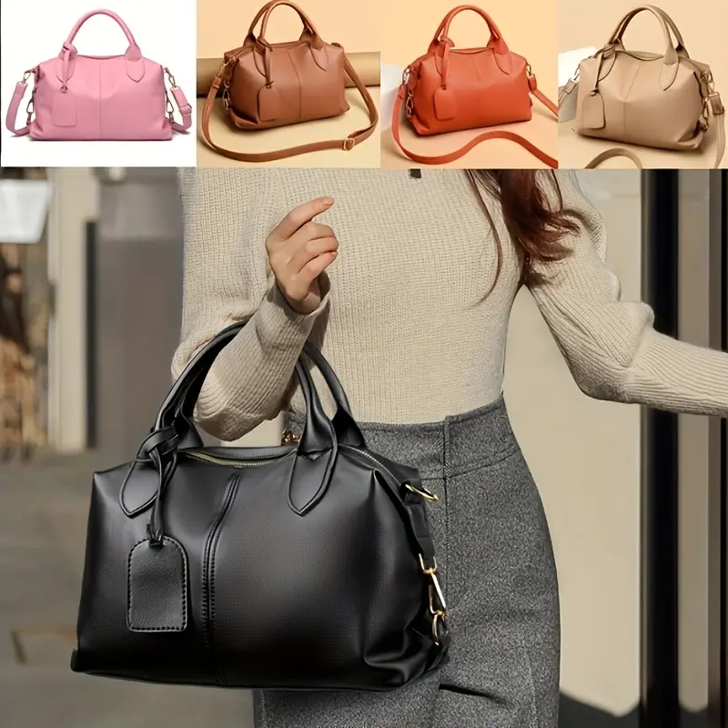 Boston Style solid color synthetic leather handbag, casual one-shoulder oblique backpack with zipper closure, polyester lining, edges painted details Satchel Purse Women