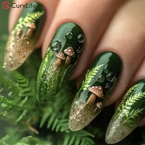 Curvlife long stiletto leaf Nail Art Press On Nails patterns prints green glossy shiny for spring 2 Week Wear