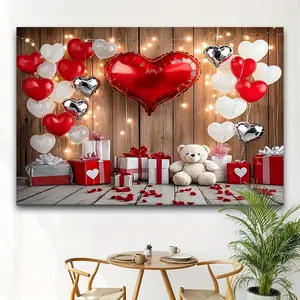 1PC 2D Flat Valentine's Day Heart Balloon Themed Polyester Backdrop - Festive Party Decoration, Photo Backdrop, Wall Decor Banner, Outdoor Banner, Wedding Photography Live-Streaming Prop Background Cloth, Outdoor Banners