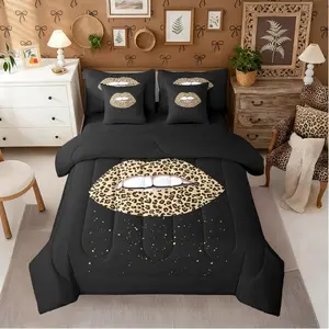 Cheetah Lips 7 Piece Comforter Set,Leopard Print Mouth Bedding Set for Kids Teens Adult Brown Black Sequins Sheet Set,Romantic Valentine Duvet Insert Safari Wildlife Fur Print Quilt