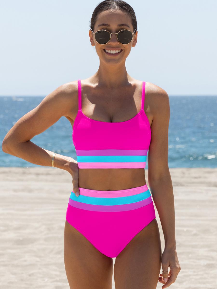 Beachball Kayaking 3 Piece Bikini Sets,Tummy Control & High Waisted Swimsuit with Adjustable Wide Shoulder Straps, Neon Color Sporty Swimsuit