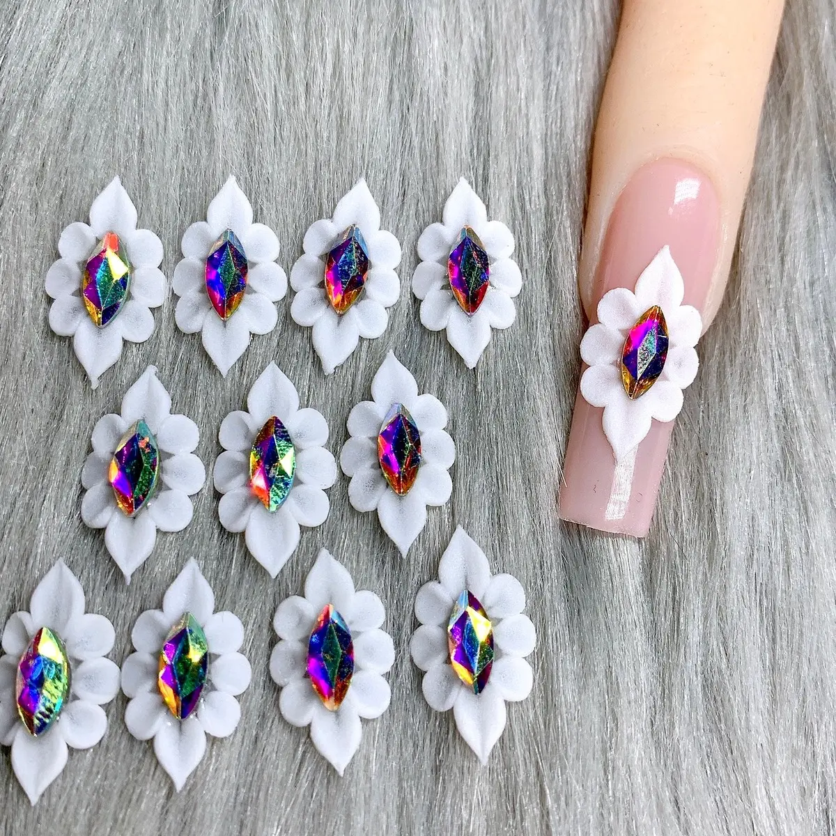 Premade 3D acrylic White flowers XL petal nail charms nail art