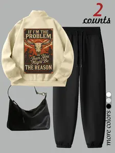 Women's Casual Loose Fit High Neck Half Zip Long Sleeve Sweatshirt Set, Western Cowboy Cow Head Graffiti Design, Fall & Winter