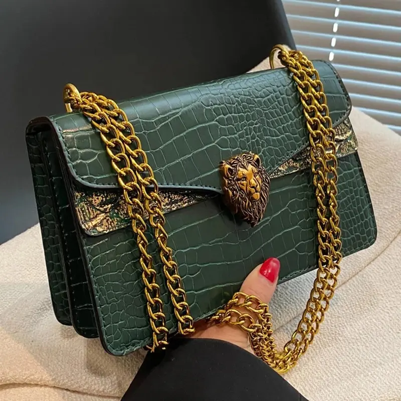 New fashion retro simple chain underarm bag, crocodile pattern square bag, high-value trendy shoulder bag