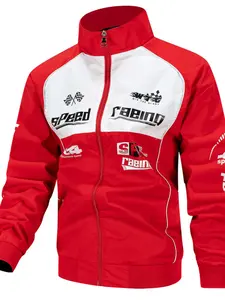 Men's Racing Jacket, Stand Collar Zipper Windproof Jacket, Street Sports Bomber Style, Racer Graphic Bomber Coat