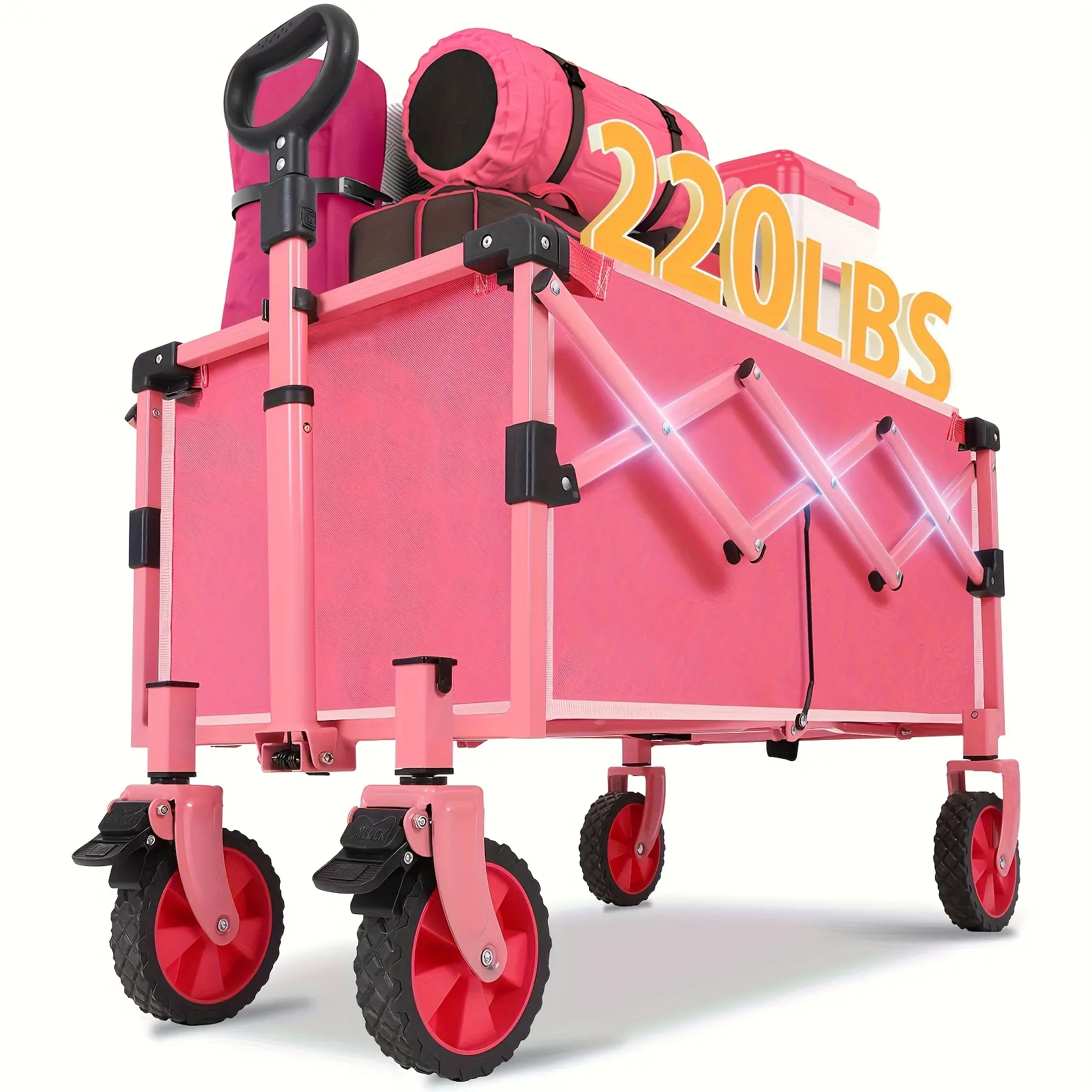 Foldable Wagon Cart with 220.46LB Load Capacity, 31.7gal Storage, Large Collapsible Folding Cart with 8-Inch Wheels for Groceries, Shopping, Beach, Picnic, Camping, Garden, Outdoor, Park, Kids, Elderly, Lightweight Portable Utility Cart, Pink beach cart