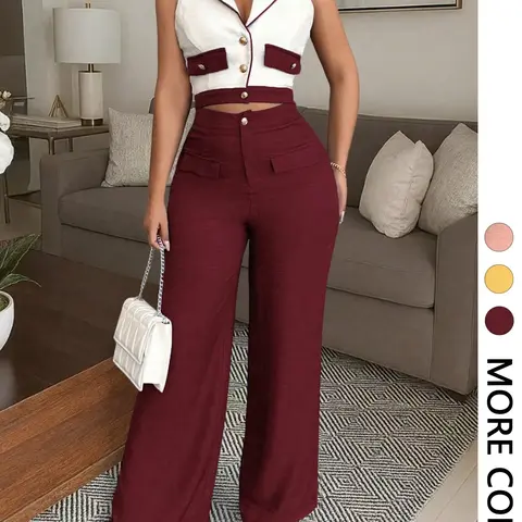Women's Commuter Vacation Style Long Pants Set, Suits, Chic Womenswear, 2-Piece Pack, Sleeveless, Casual Fashion, Versatile, Perfect for Work and Travel, Comfortable and Stylish, Clothes