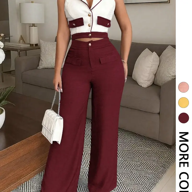 Women's Commuter Vacation Style Long Pants Set, Suits, Chic Womenswear, 2-Piece Pack, Sleeveless, Casual Fashion, Versatile, Perfect for Work and Travel, Comfortable and Stylish, Clothes