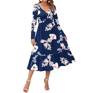 AUSELILY Women's 2025 New Fall Empire Waist Dress Drawstring Pleating Flutter Long Sleeve V Neck Midi Dresses Formal Womenswear Vneck Basic Minimalist Pleated