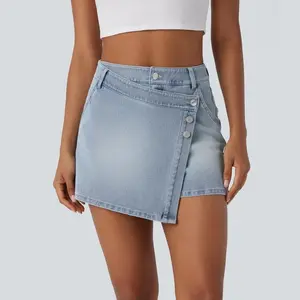 Halara Flex High Waisted Multiple Pockets Wrapped Washed Stretchy Knit Denim Casual Skort Shorts Blue Style