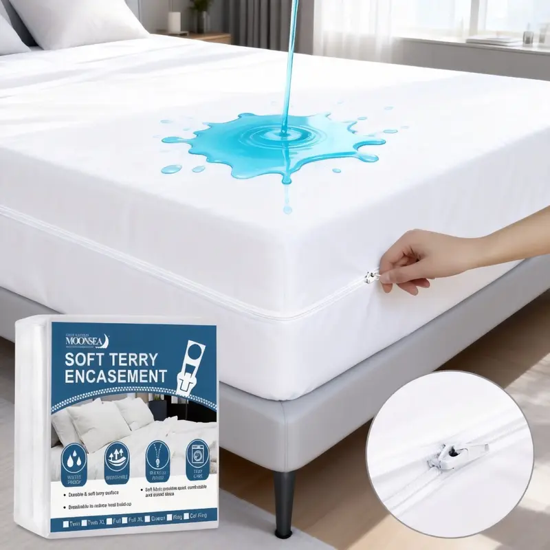 Moonsea Soft Terry Zippered Mattress Encasement, 6-Side Waterproof Bed Bug Dust Mite Proof Mattress Protector Breathable Noiseless Absorbent Mattress Cover Fitted Sheet with Deep Pocket 360° Protection Machine Washable #TikTokShopFallDealsForYou