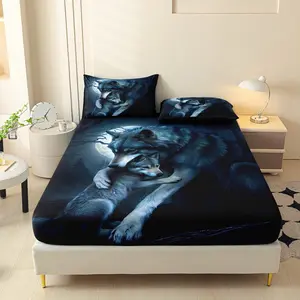3pcs Animal Wolf Print Fitted Sheet Set, Queen Mattress Protector, Double Bedding Protector Kit, Bedsheet Sets, Polyester Machine Washable, Bedroom Guest Room, Birthday Gift 1pc Fitted Sheet + 2pcs Pillowcases, Coreless