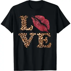 Leopard Print Love Red Lips Word Letter Cute Valentine T-Shirt