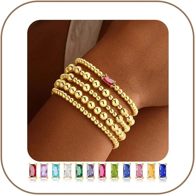 Turandoss Dainty 5PCS Layered Emerald 14K Gold Plated Beaded Birthstone Bracelets Set Trendy Waterproof Stackable Jewelry Birthday Mothers Day Gifts for Women Girls Mothers Day Gifts