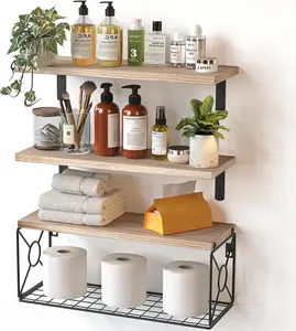 Bathroom Shelves Over Toilet with Storage Basket, Floating Shelves Wall Shelves for Home Organization & Wall Decor, Bathroom/Kitchen/Living Room Shelves–Natural Wood