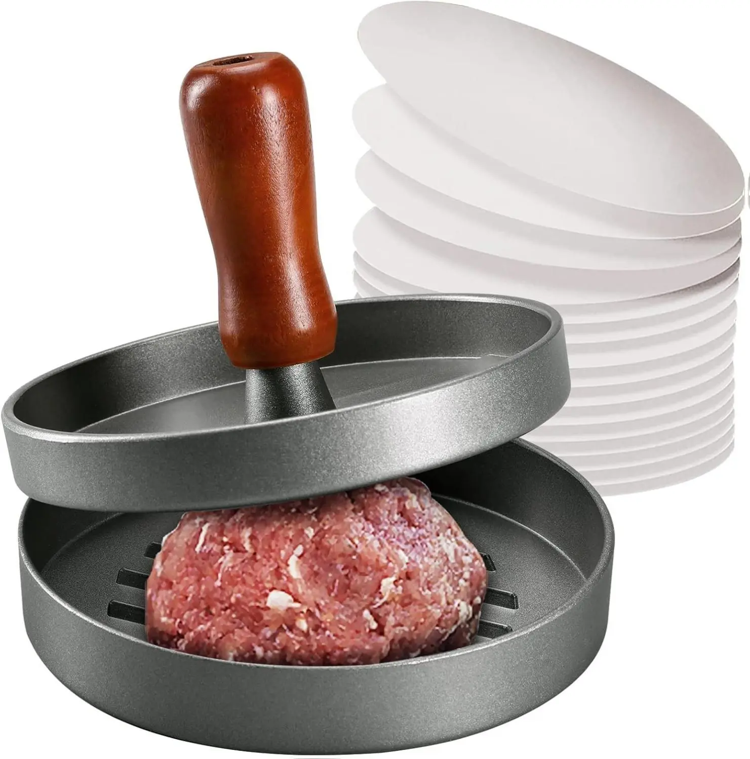 [New Deal] - Burger Press Patty Maker Stainless Steel Hamburger Patty Press Mold Wood Handle Non-Stick with 100 Patty Papers