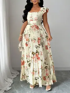 Women's Square Neck Floral Print Elegant Pleated Long Dress, High Waist A-Line Party Dress, Ruffle Short Sleeves, Romantic Floral Skirt, Elegance