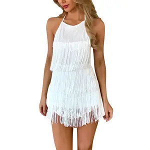 Women Halter Tassel Backless Fringe Latin Dance Dress Evening Short Dressy Ballroom Tie Playsuit