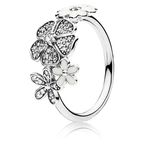 PANDORA Shimmering Bouquet Flowers Ring for Women, Hand-Finished Sterling Silver with Sparkling Stones and White Enamel
