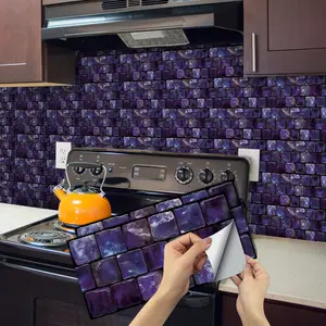 6/12/24/48 PCS Vintage FG Tile Stickers, Deep Purple Iridescent Mosaic, PVC Crystal Film, Peel & Stick Backsplash, Waterproof Oil-Proof DIY Self-Adhesive Wall Decor