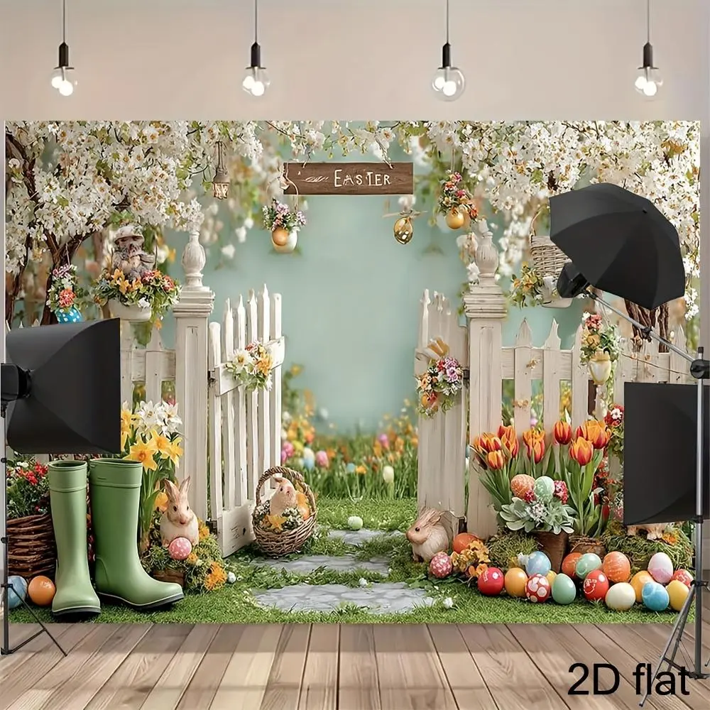 Durable 2D Flat Design Easter Photo Backdrop-Banner, Single Piece with Open Side, White Wooden Fence, Vibrant Eggs, Bunnies, Grass, Ornaments, Multi-Size, Decorative for Studio Photography, Festive Party, Anniversary