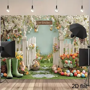 2D Flat Design, a Single Piece of Easter-Themed Photographic Backdrop for a Studio Featuring a White Wooden Fence, Vibrant Eggs, Bunnies, And Grass, with One Side Open. Ideal for Party Decorati