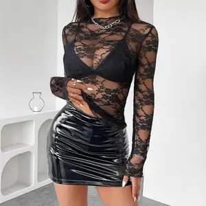 Women’s Mesh Long-Sleeve Mock-Neck Sheer Blouse/Shirt – Transparent Floral Lace Party Wear