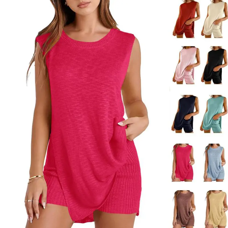 Mundoven Women's 2-Piece Sweater Set, Casual Stretchy Ribbed Knit Outfit with a Sleeveless Tunic Top and Matching Shorts for Summer Vacation, Lightweight, 2 Piece Sets