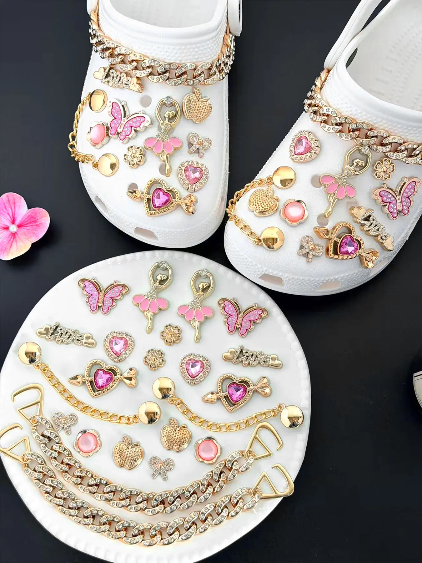 Pink Heart Butterfly Ballerina Clog Charms Set – Cute Rhinestone Shoes Charms Shoe Decorations Sparkling Shoe Charms with Gold Chain for Women Summer Style Decorative Shoe Accessories