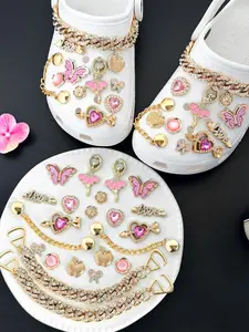 Pink Heart Butterfly Ballerina Clog Charms Set – Cute Rhinestone Shoes Charms Shoe Decorations with Gold Chain for Women Summer Style