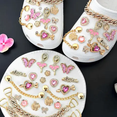 Pink Heart Butterfly Ballerina Clog Charms Set – Cute Rhinestone Shoes Charms Shoe Decorations Sparkling Shoe Charms with Gold Chain for Women Summer Style Decorative Shoe Accessories