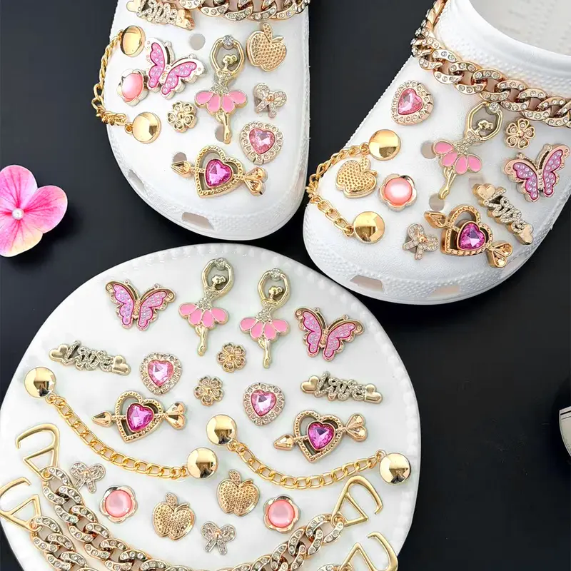 Pink Heart Butterfly Ballerina Clog Charms Set – Cute Rhinestone Shoes Charms Shoe Decorations Sparkling Shoe Charms with Gold Chain for Women Summer Style Decorative Shoe Accessories