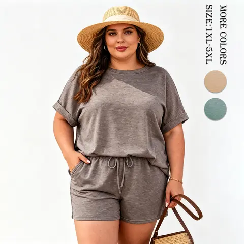 Aswulk Plus Size Womens 2 Piece Lounge Sets Oversized Short T-shirts Rolled cuffs Drawstring Shorts Pajamas Summer Outfits
