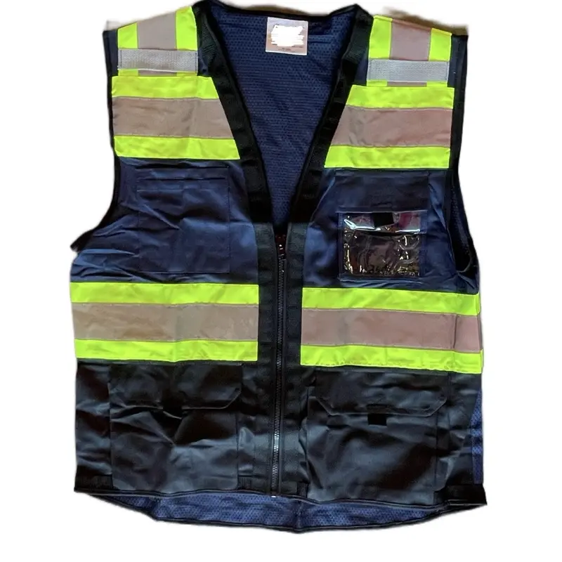 Navy Blue and Black Safety Vest with Front Pockets, Reflective Yellow Stripes, and Mesh Panels + Protective Work Gloves, No