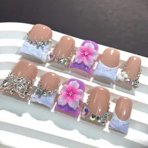 New Spring Summer Short Gradient French False Nails, Flower Design Nails, Fluorescent Rose Heart Design, Hand Carved Ab Glitter Silver Color Butterfly Alloy, Embellished Sparkly Rhinestone Butterfly