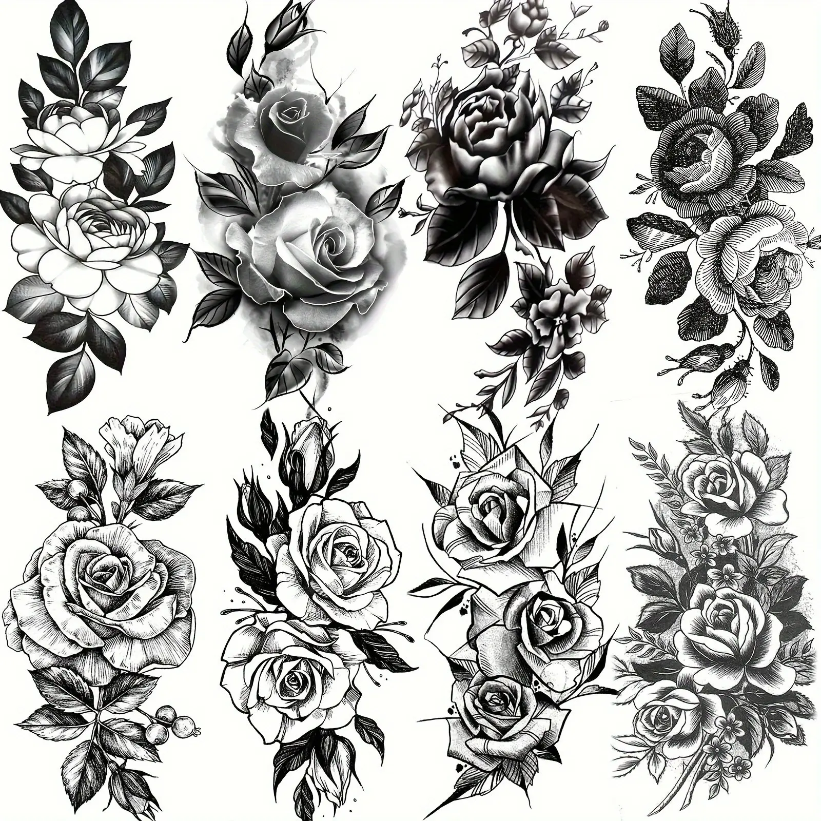 8pcs Realistic Rose & Peony Temporary DIY Tattoos for Women, Waterproof, Long-Lasting Floral Sketch Stickers for Arms, Legs & Body Art, Arm Sleeve Tattoos