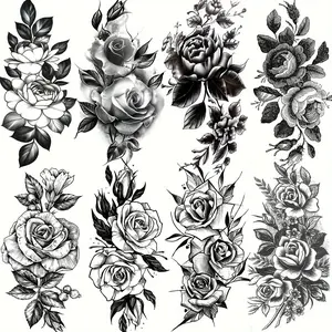 8pcs Realistic Rose & Peony Temporary Tattoos for Women, Waterproof, Long-Lasting Floral Sketch Stickers for Arms, Legs & Body Art, Arm Sleeve Tattoos