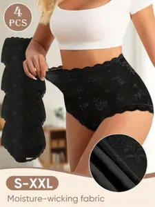 Women's High Waist Fitted Shapewear Panties, High Waist Panty, Shaping Panty, Comfortable Plain Design, Elegant Rose Pattern, Breathable Everyday Triangle Underwear, 4 Pack