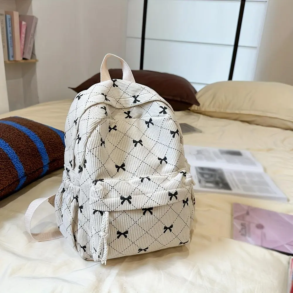 Kids' Chic Corduroy Backpack with Bow Design - All-Seasons School & Travel Bag, Casual, Lightweight, Adjustable Straps, Zip Closure