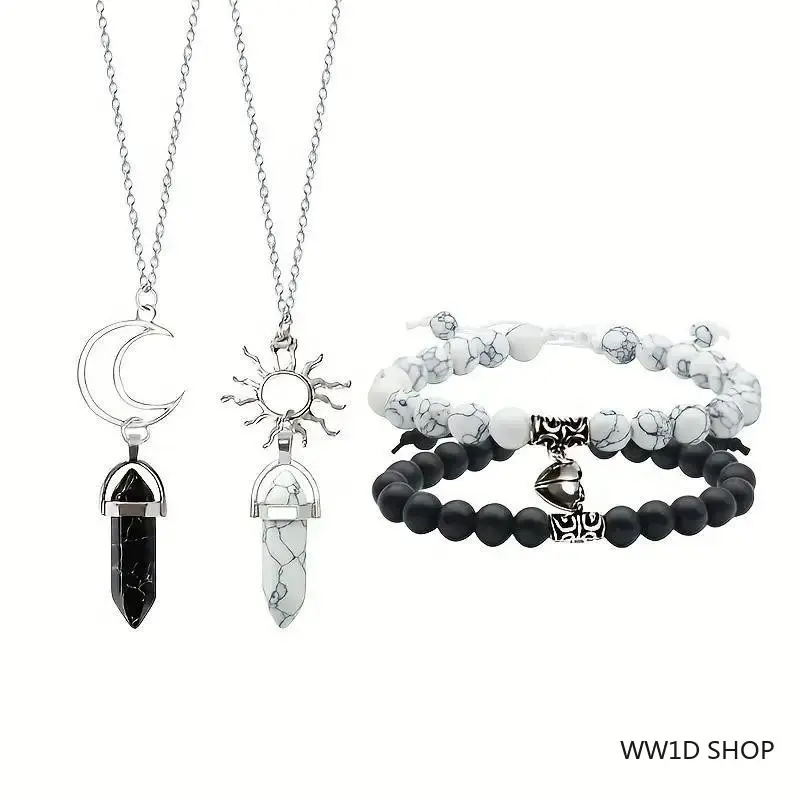 Conjunto de cuatro piezas de pulsera y collar para parejas (apto para hombres y mujeres): pulsera magnética para parejas, pulsera y collar para mejores amigos/novias y collar de corazón de cristal para parejas.